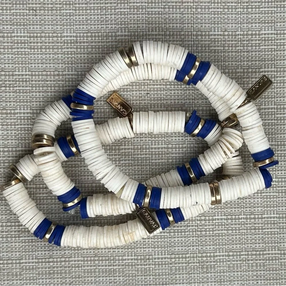 NWOT Set of 3 Canvas White and Blue Stackable Beaded Bracelets with Gold Accents